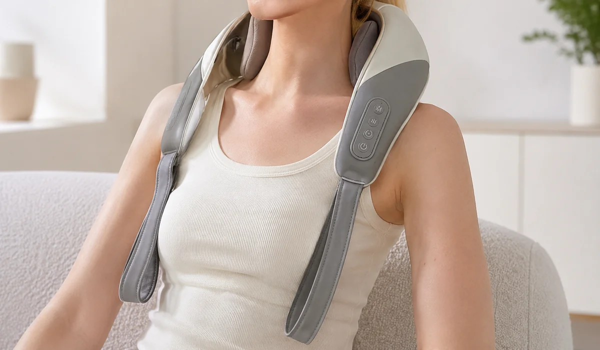 Tragbarer grau-weißer Nacken- und Rückenmassageschal LH-083, Funktionsdarstellung
