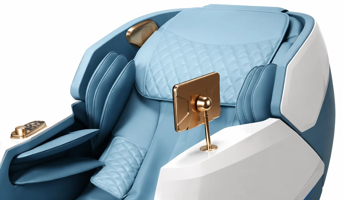 Blau-weißer Ganzkörper-Massagesessel mit SL-Schiene LH-092, Detailansicht