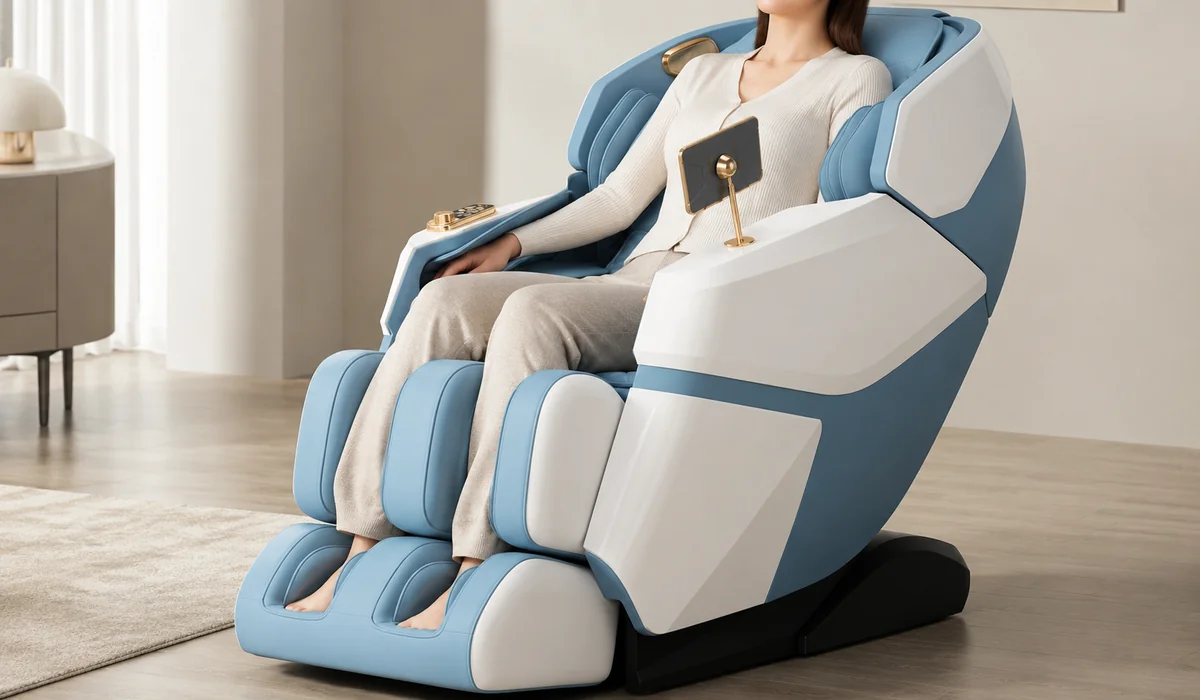 Blau-weißer Ganzkörper-Massagesessel mit SL-Schiene LH-092, Funktionsdarstellung